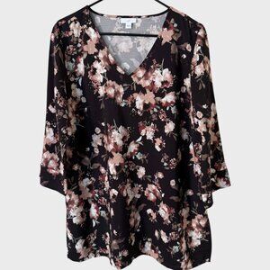 J.Jill Floral Print V-Neck Blouse Black Women's Medium 3/4 Sleeve Blouse Top